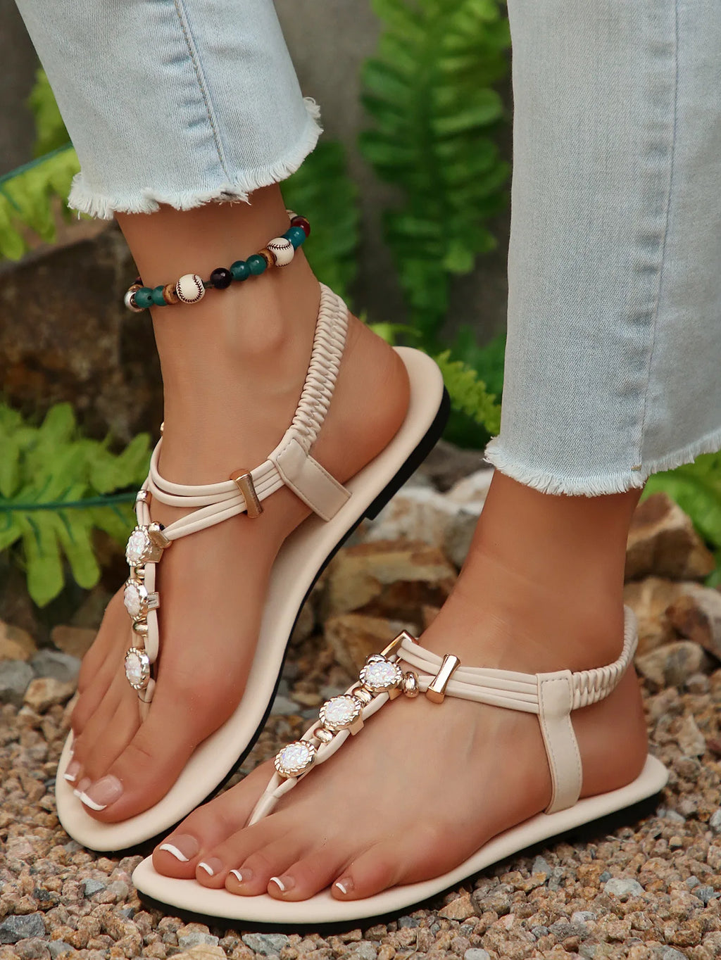 FBA Women's Handmade Beaded Fairy Style Flat Sandals | Plus Size Beach Shoes