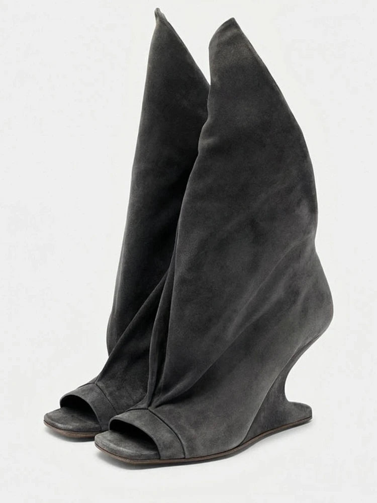 Women's Peep Toe Wedge Boot — Cross Strap, High Heel, Mid-Calf