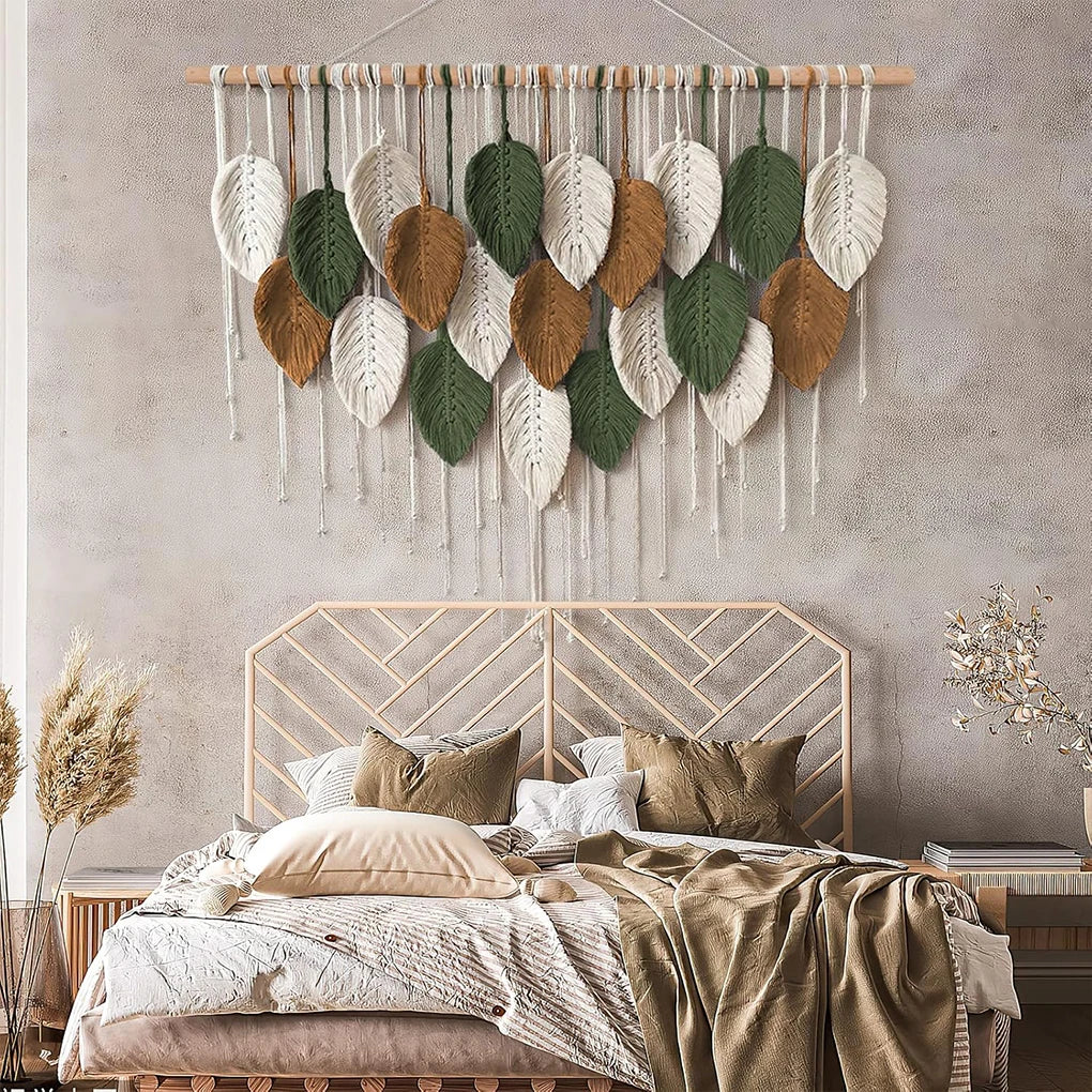 Large Boho Macrame Wall Tapestry | Handwoven Leaf & Feather Wall Art