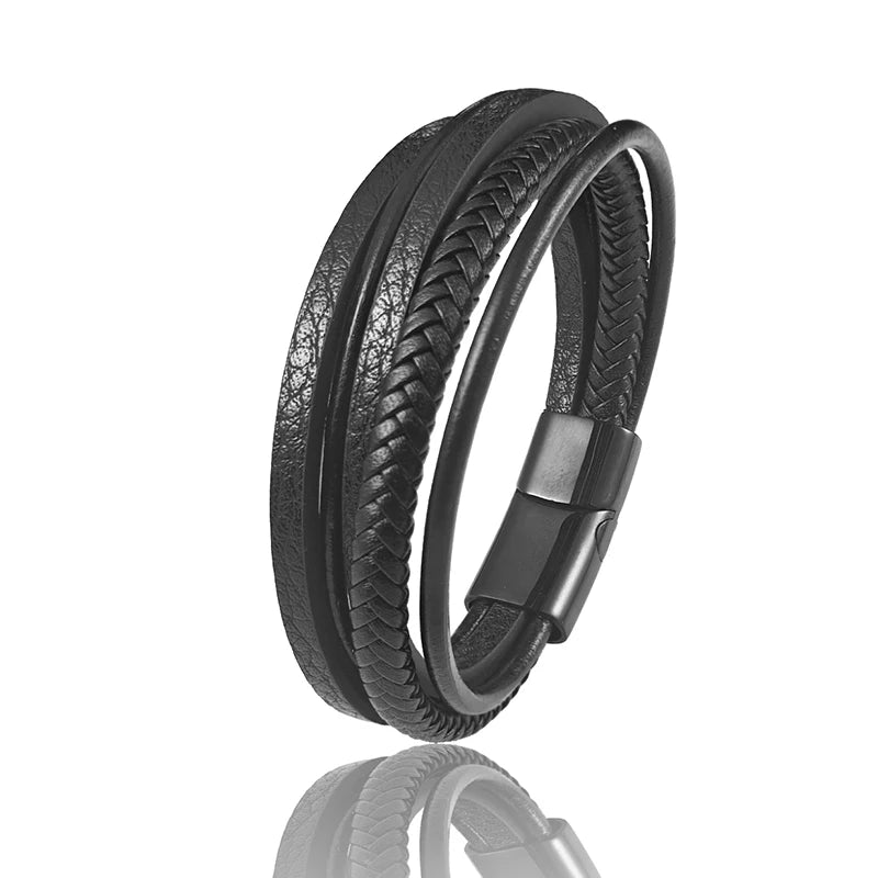 FBA Men's Multilayer Blue Leather Stainless Steel Bracelet | Luxury Jewelry
