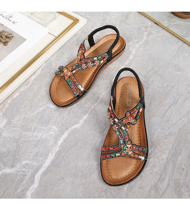 FBA Women's Rhinestone Bohemian Hollow Flat Sandals | Summer Casual Shoes