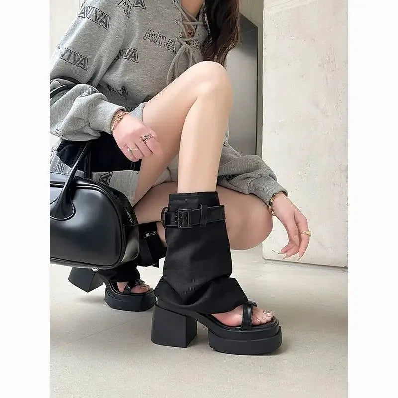 Women's Open Toe Denim Ankle Boot — Square Heel, Buckle Strap