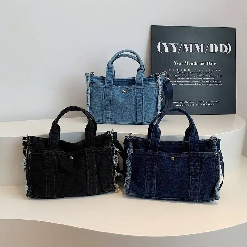 Denim Tote Bag with Ruched Straps – Large Capacity Crossbody Shoulder Handbag