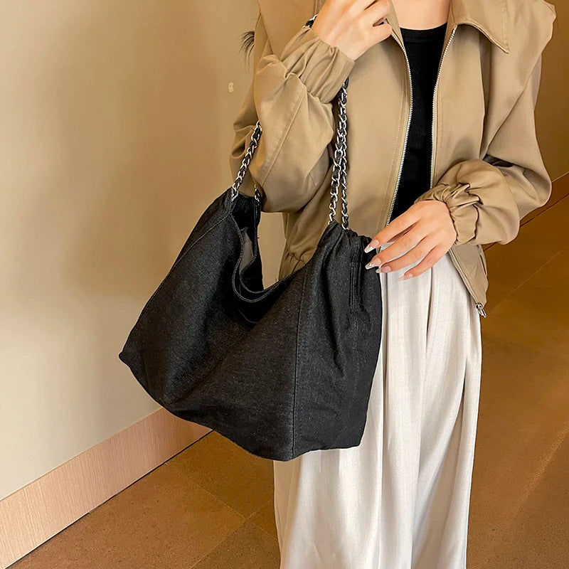Big Chain Denim Shoulder Tote Bag for Women – Large Capacity Luxury Shopper