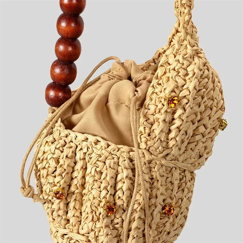Straw Woven Bag with Wooden Bead Handle – Boho Beach Tote Shoulder Purse for Women