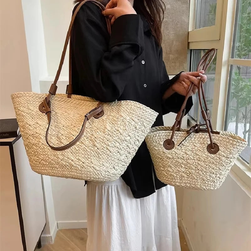 Designer Bohemian Chic Straw Woven Tote Bag – Large Capacity Beach Vacation Shoulder Handbag