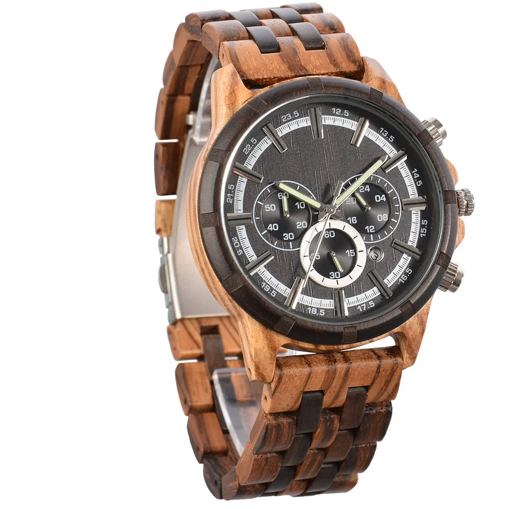FBA Men's Military Chronograph Wood Watch | Luxury Quartz Wooden Wristwatch
