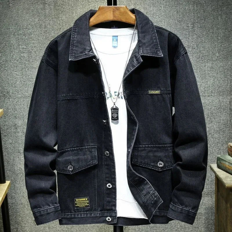 Men's Cargo Denim Jacket – Korean Style Patchwork Jean Coat | Blue & Black | M–5XL | FBA Vibes