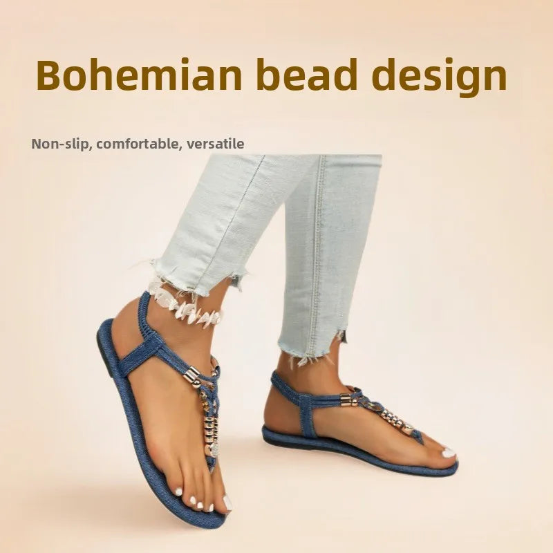FBA Women's Bohemian Beaded Flat Sandals | Slip-On Beach Shoes