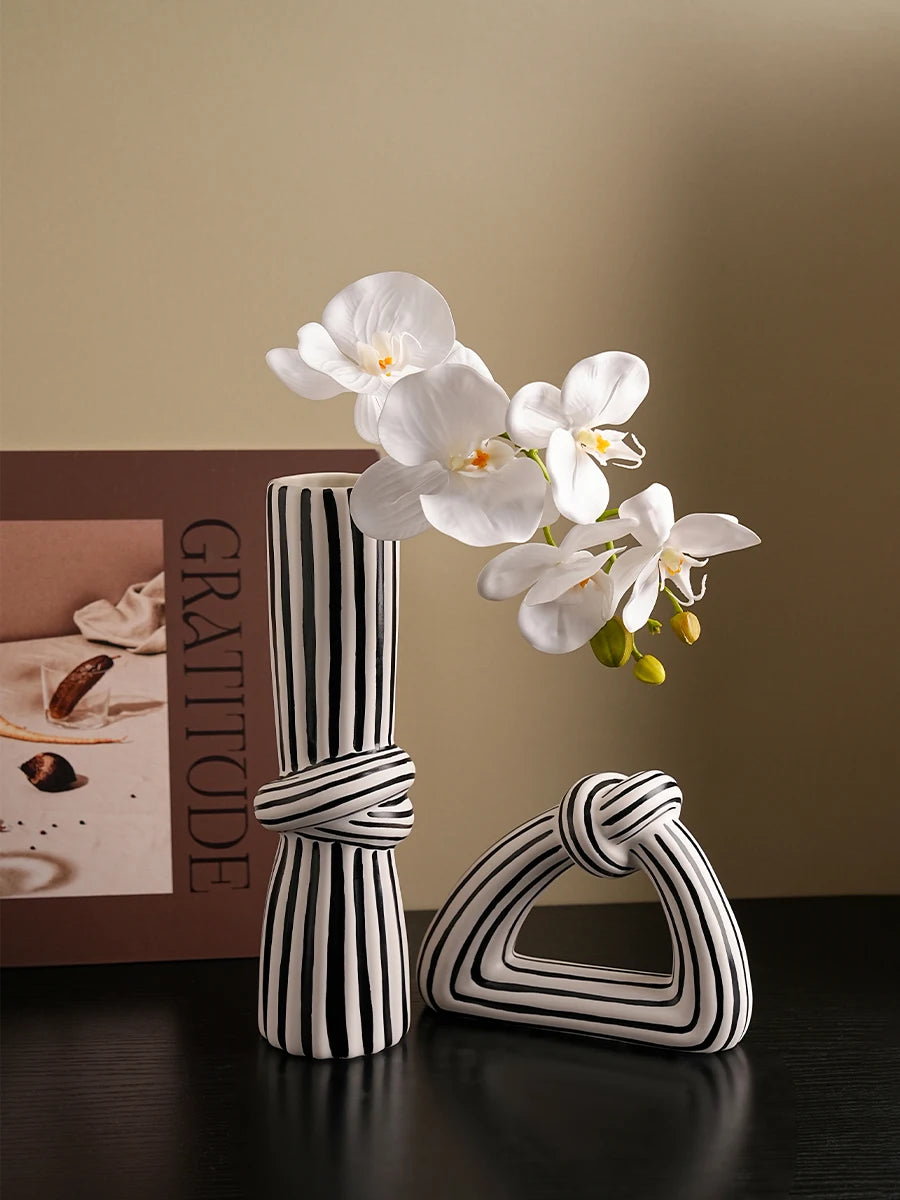 Black & White Striped Knot Ceramic Vase | Modern Art Sculpture for Living Room Decor