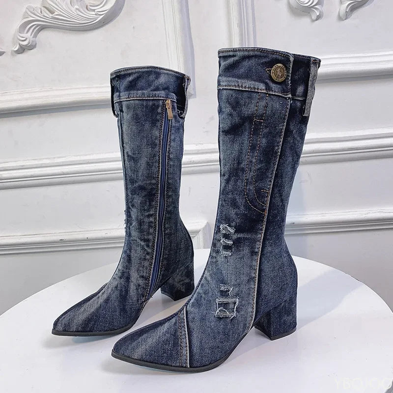 Women's Denim Mid-Calf Boot — Block Heel, Platform, Pointed Toe