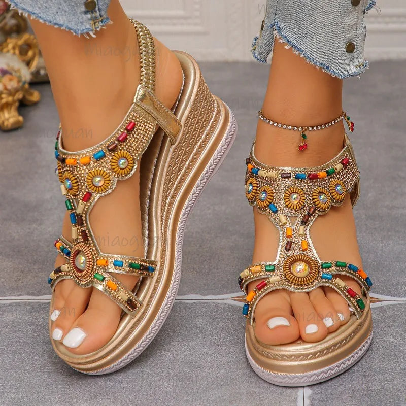 FBA Women's Beaded Bohemian Platform Sandals | Open-Toe Beach Shoes