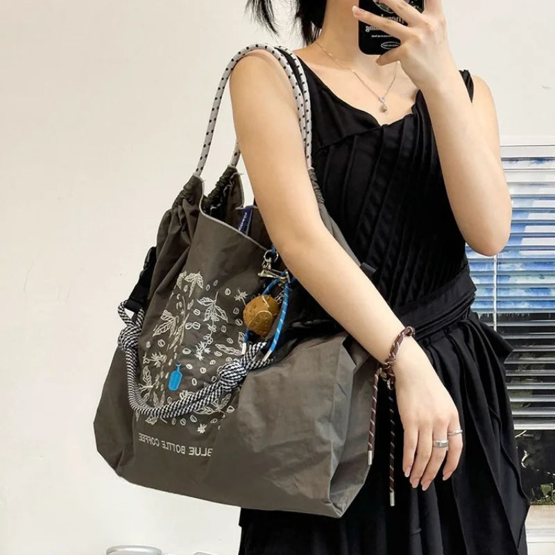 Nylon Embroidered Tote Bag – Large Capacity Lightweight Shoulder & Shopping Bag