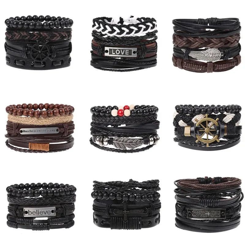 FBA 4-Piece Braided Leather Ethnic Wristband Set | Hope Believe Bracelet