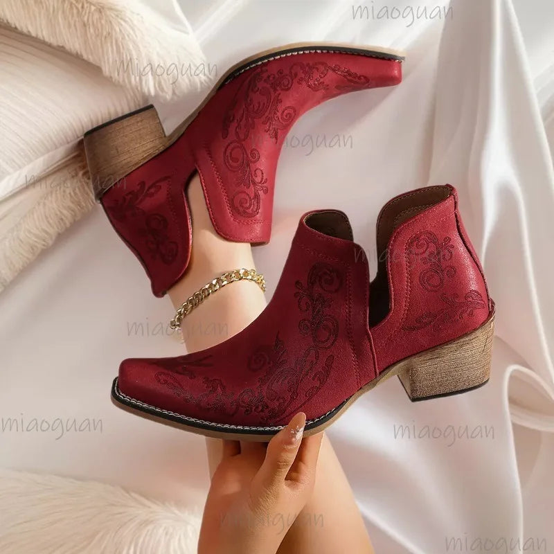 Women's Embroidered Western Cutout Ankle Bootie