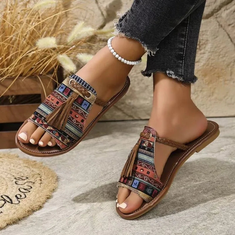 FBA Women's Ethnic Style Round Head Slides | Plus Size Beach Slippers