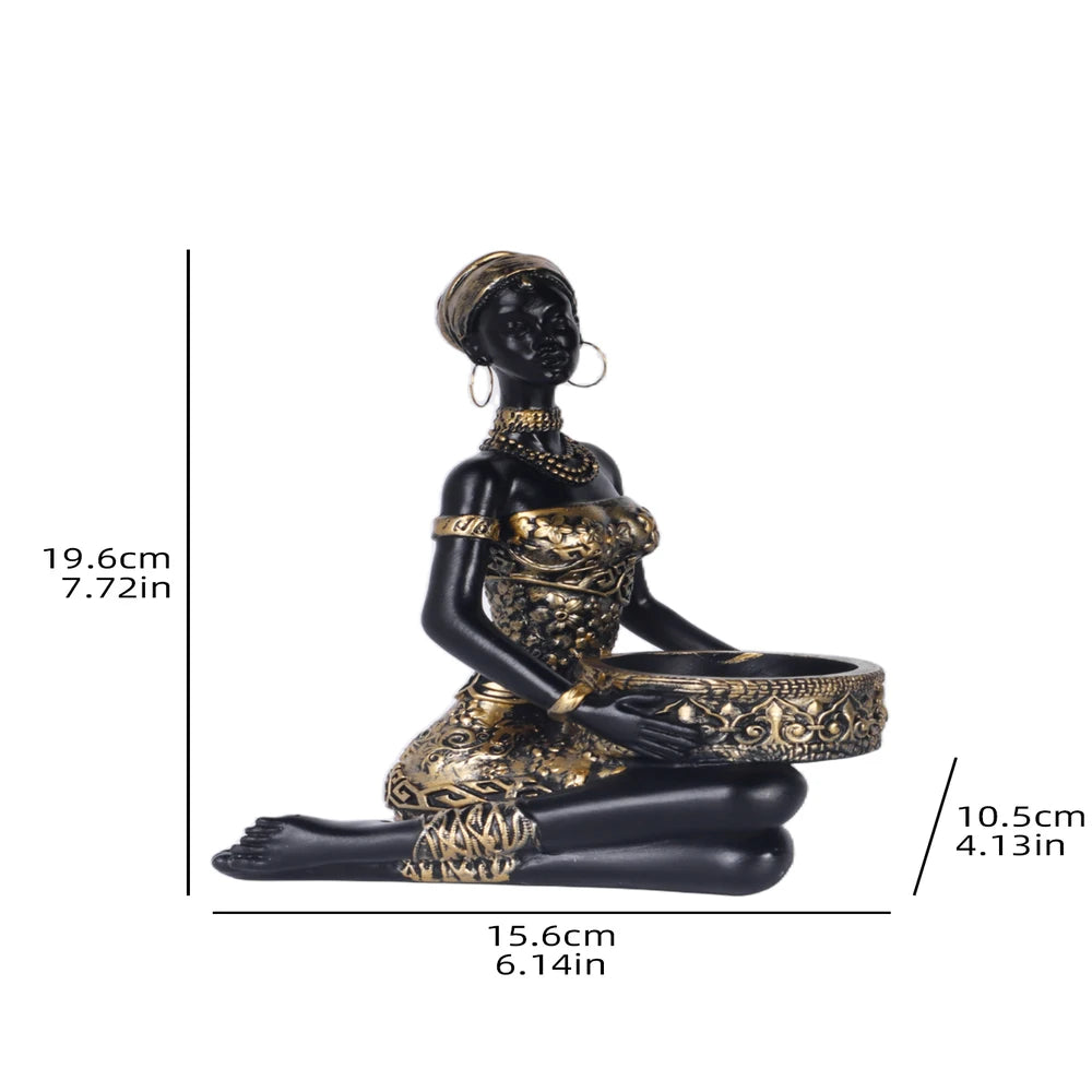 Bohemian African Woman Tray Sculpture | 2-in-1 Resin Decor & Storage Ornament