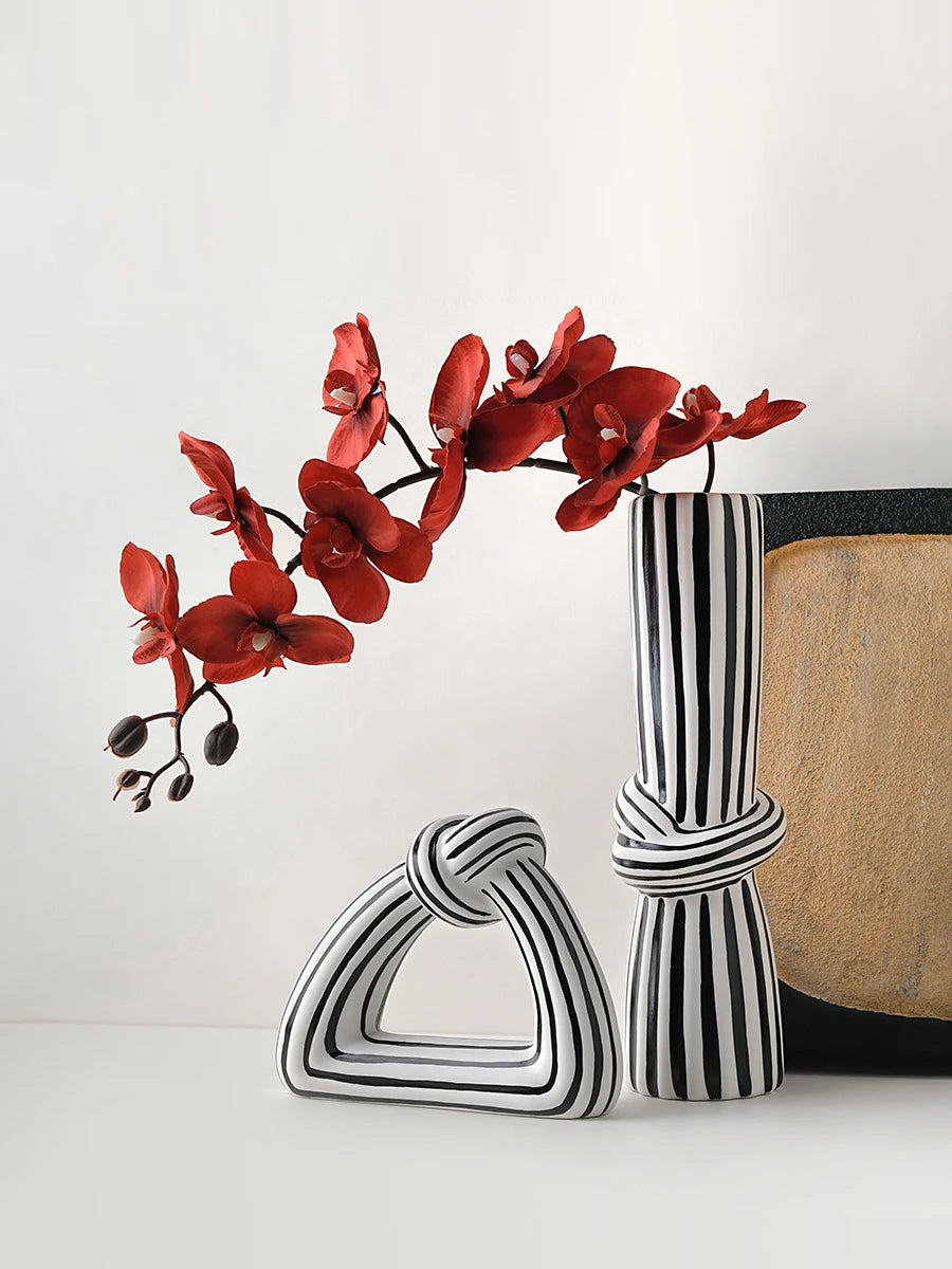 Black & White Striped Knot Ceramic Vase | Modern Art Sculpture for Living Room Decor