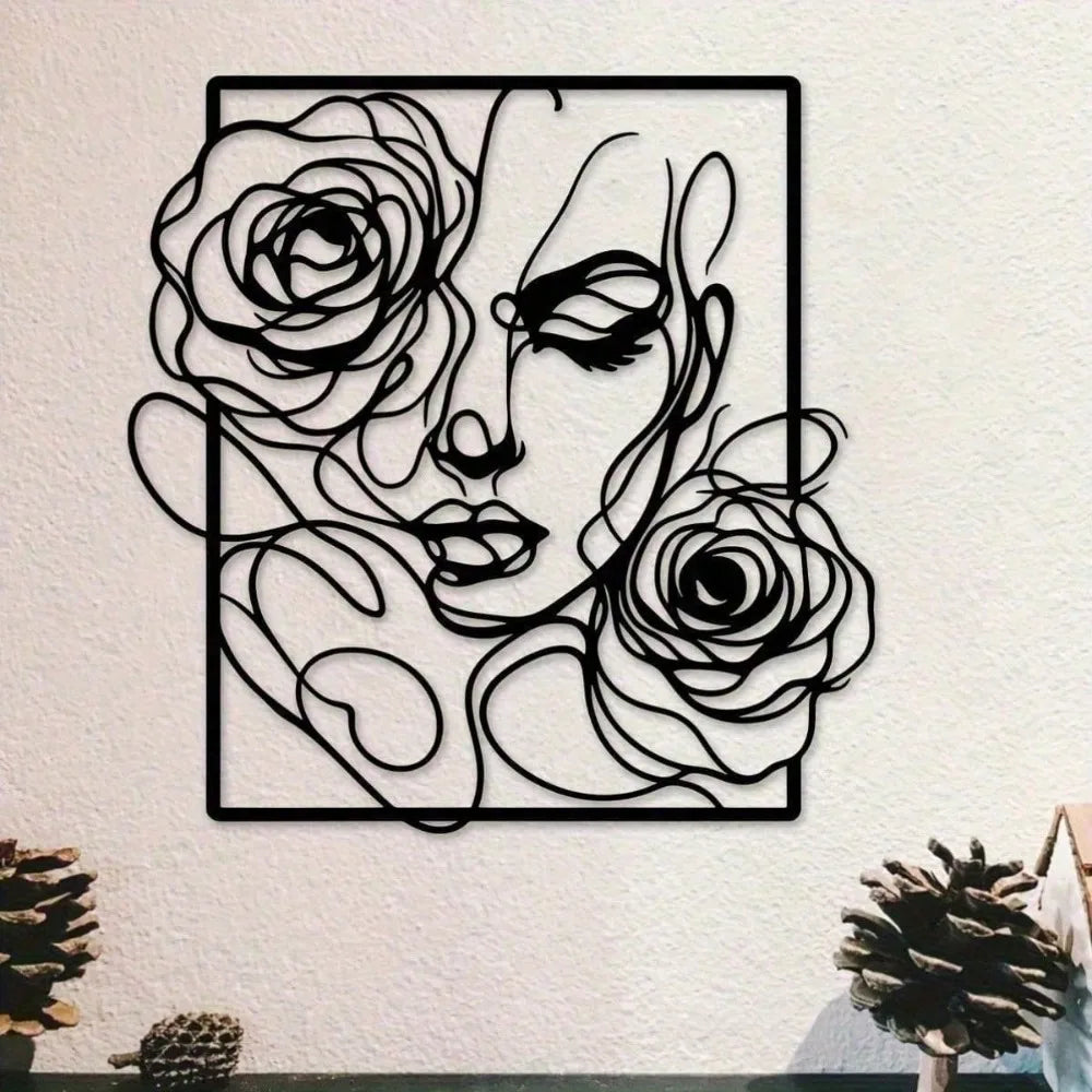 Black Metal Wall Art | Elegant Woman & Rose Silhouette Waterproof Wall Decor