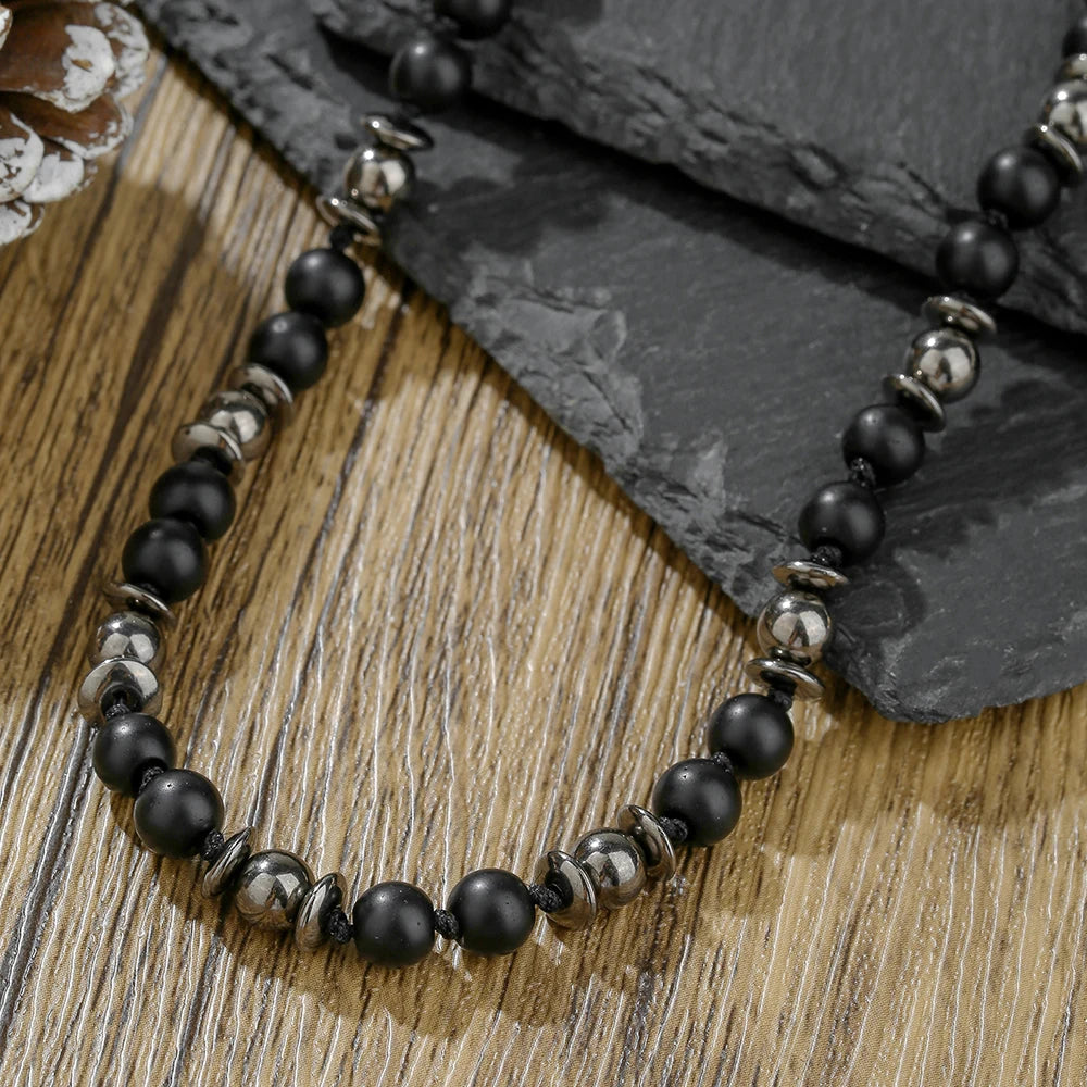 FBA Frosted Stone Hematite Beaded Pendant Necklace | Men's Ethnic Jewelry