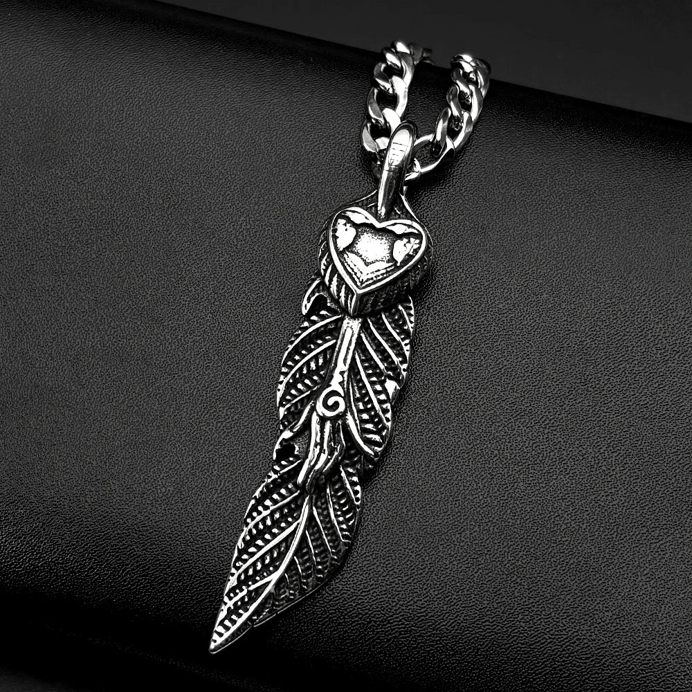 FBA Indian Feather Heart Stainless Steel Necklace | Punk Pendant Jewelry