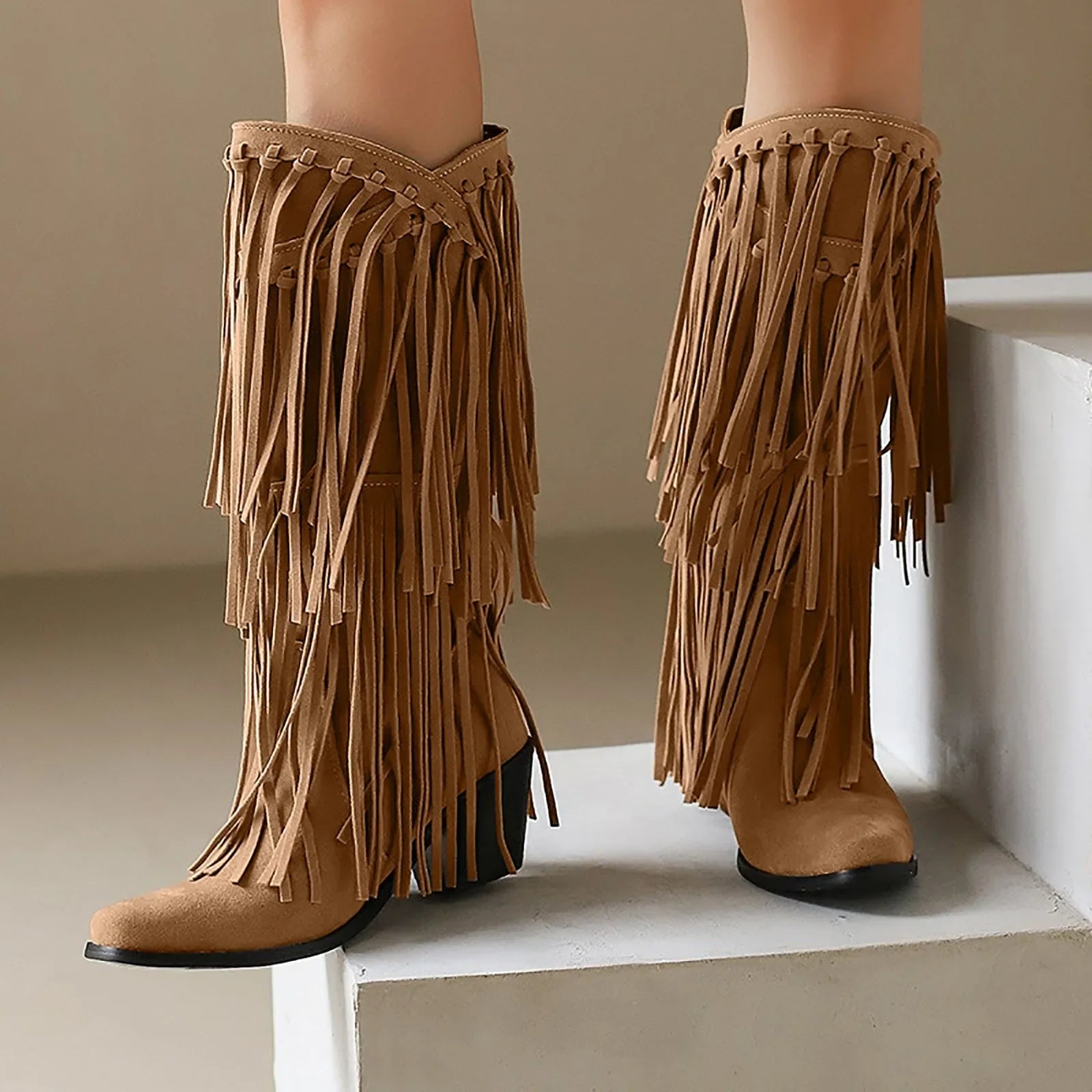 Women's Retro Tassel Fringe Mid-Calf Chelsea Boot with Block Heel