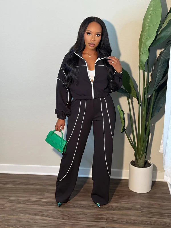 Women's 2-Piece Striped Sport Jogger Set – Stand Collar Zip Jacket & Ankle-Length Pants | FBA Vibes