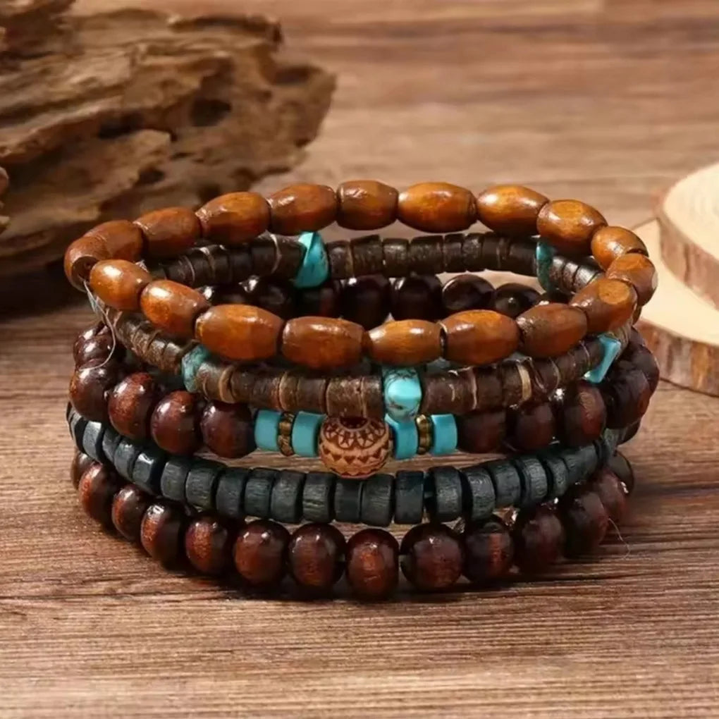 FBA 5-Piece Wood Beaded Elastic Bracelet Set | Unisex Daily Jewelry