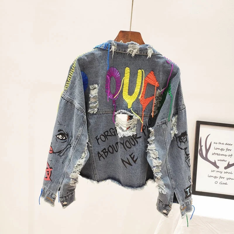 Women's Graffiti Frayed Raw Cut Denim Jacket – Short Rivet Fringe Jean Coat | Blue | S–XL | FBA Vibes