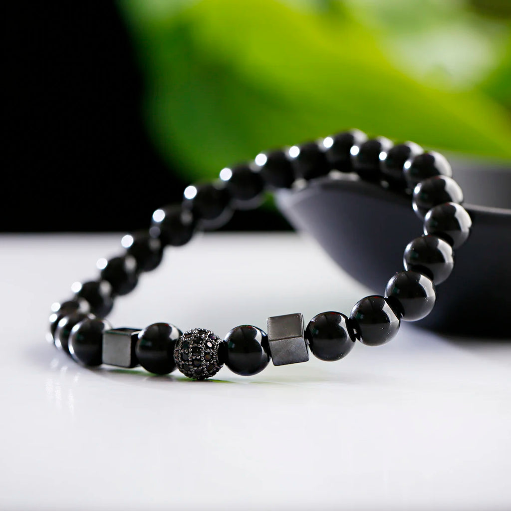 FBA Natural Stone Matte Black Beaded Bracelet | Yoga Jewelry for Men & Women