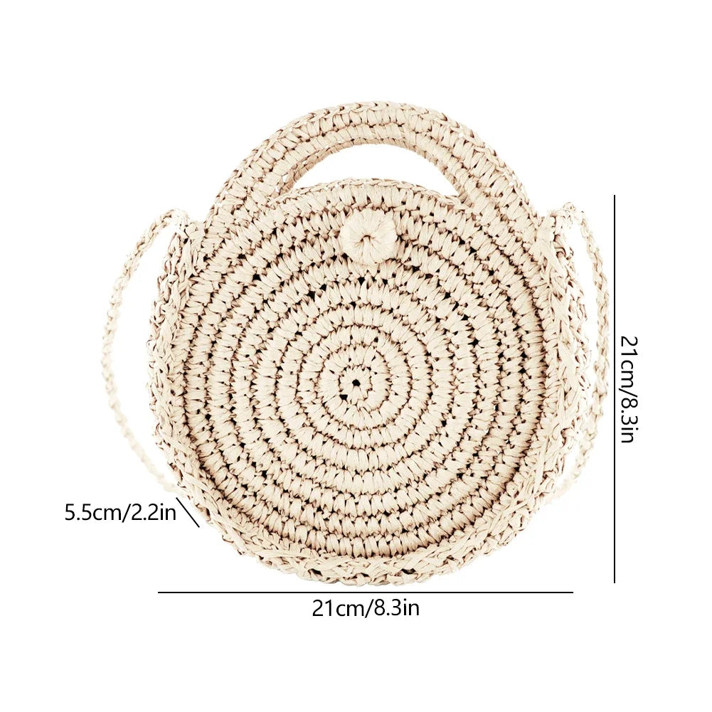 Women's Round Straw Woven Tote Bag – Large Capacity Ethnic Style Vacation Shoulder Handbag