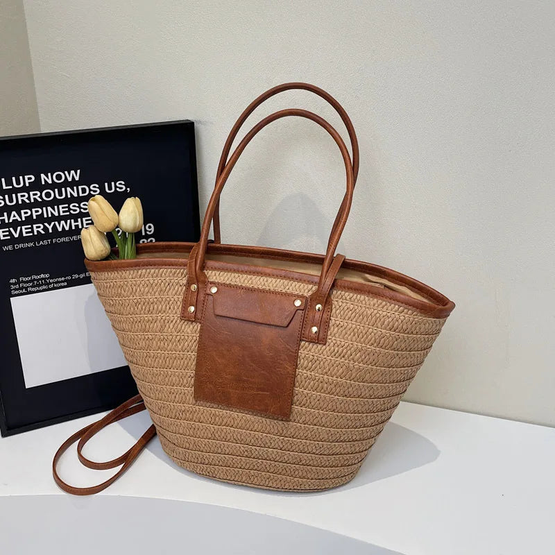Bohemian Straw Woven Tote Bag with Leather Trim – Large Capacity Beach Vacation Shoulder Bag