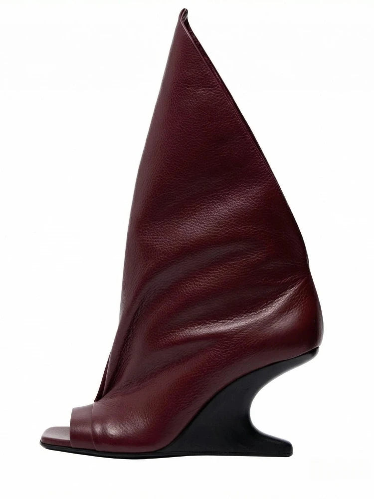 Women's Peep Toe Wedge Boot — Cross Strap, High Heel, Mid-Calf