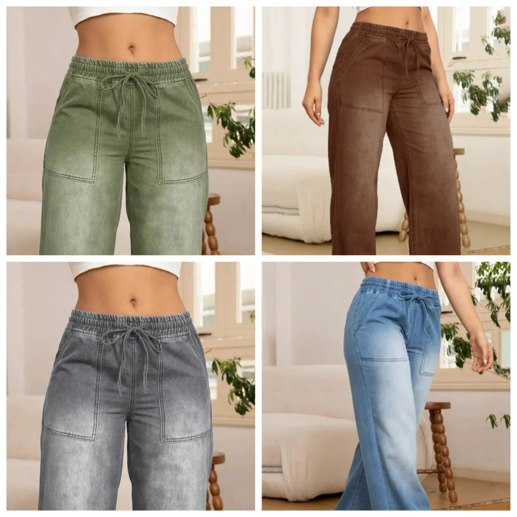 Women's American Retro Casual Loose Fit Drawstring Ankle-Length Jeans – Double Pocket Cotton Denim | Multiple Colors | S–3XL | FBA Vibes