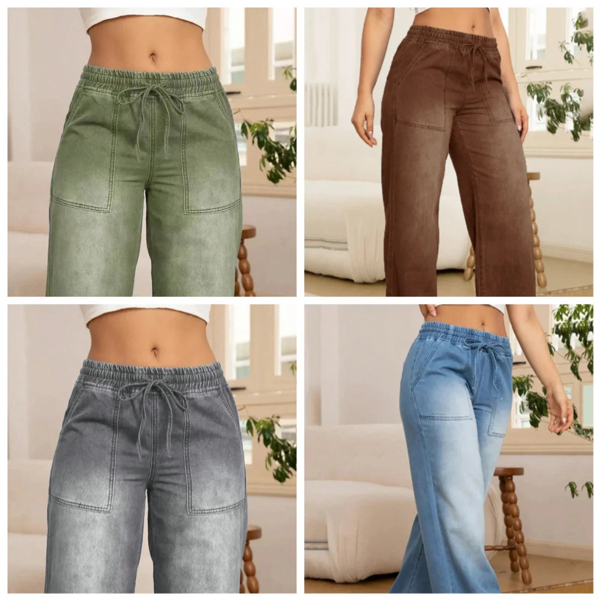 Women's American Retro Casual Loose Fit Drawstring Ankle-Length Jeans – Double Pocket Cotton Denim | Multiple Colors | S–3XL | FBA Vibes
