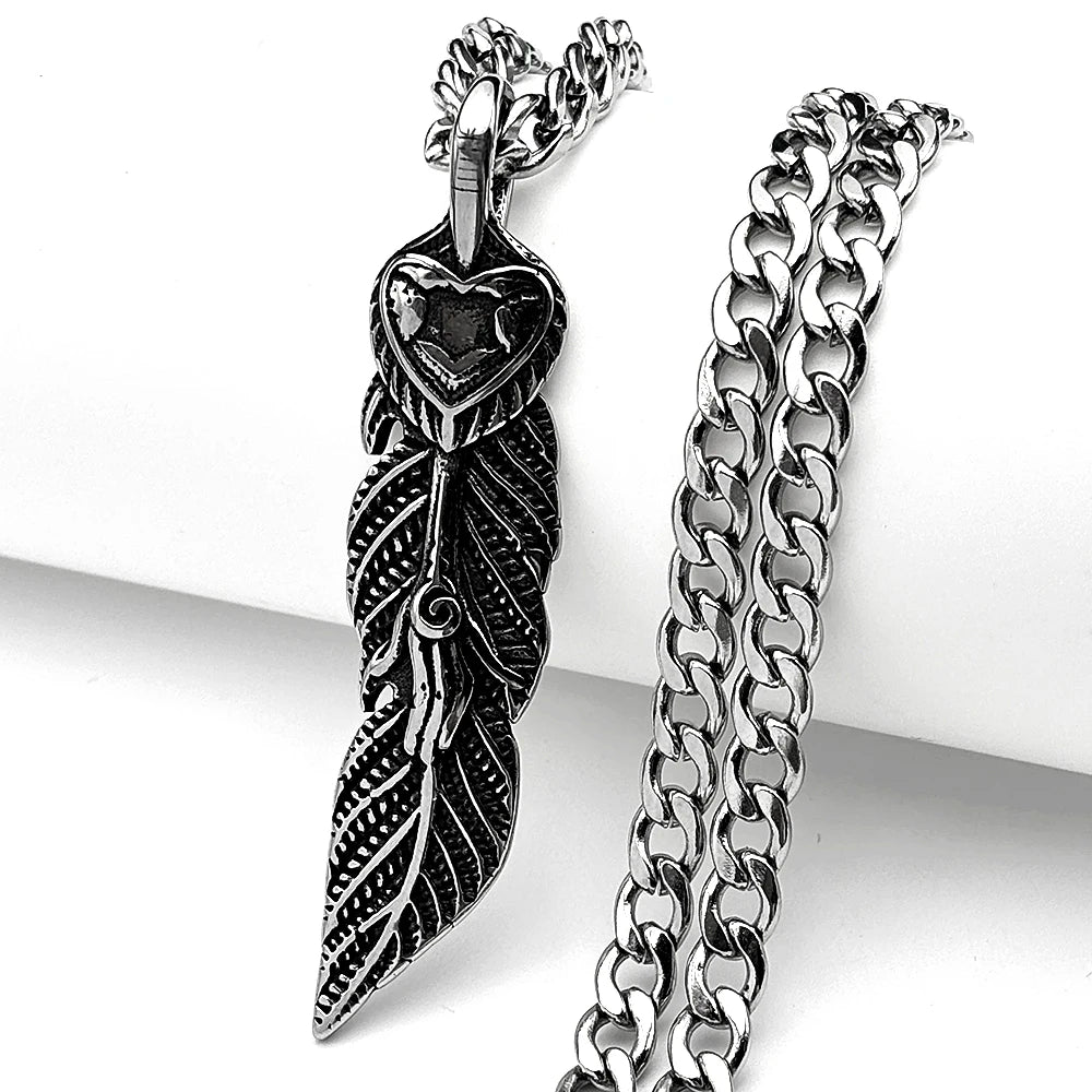 FBA Indian Feather Heart Stainless Steel Necklace | Punk Pendant Jewelry