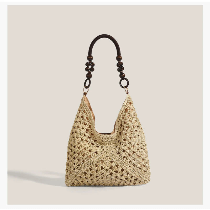 Boho Crochet Straw Tote Bag – Hollow-Out Woven Beach Shoulder Bag for Women