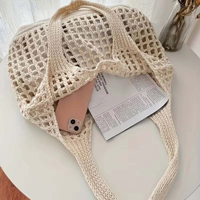 Ladies' Large Capacity Crochet Openwork Weave Tote Bag – Eco-Friendly Shopping & Travel Shoulder Bag