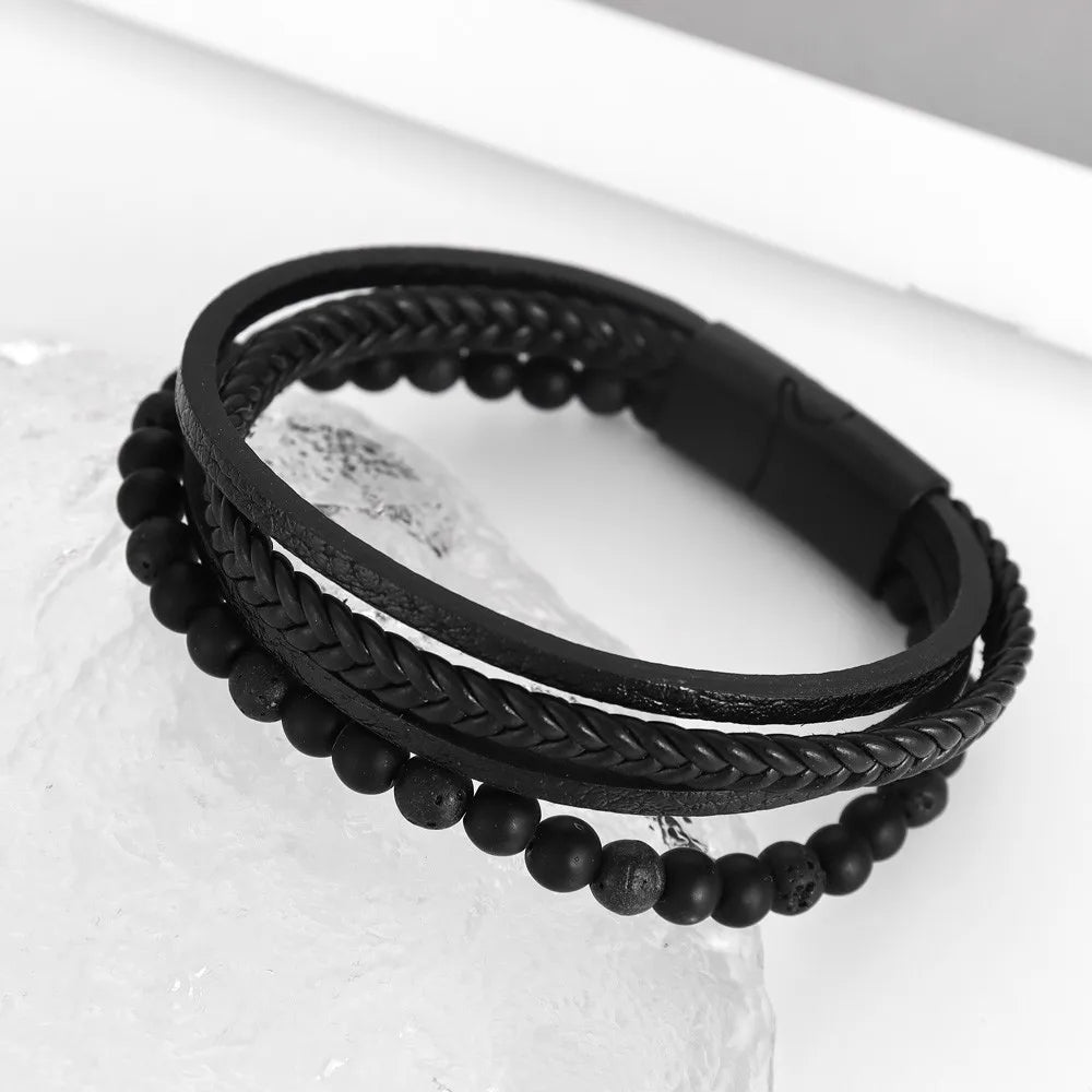 FBA Vintage Leather Magnetic Buckle Men's Bracelet | Handwoven Jewelry