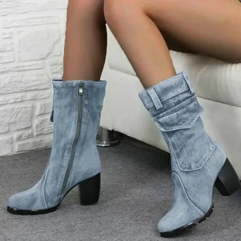 Women's Denim Cowboy Ankle Boot with Square Heel | FBA Vibes