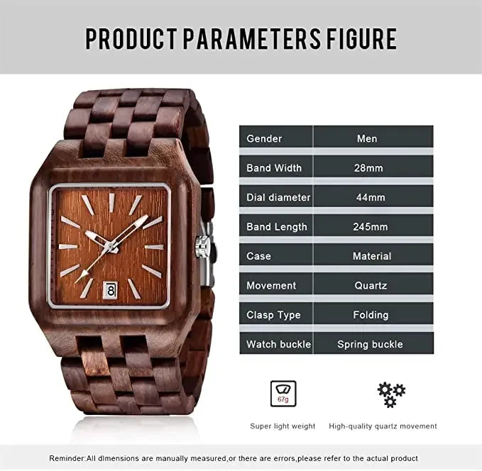 FBA Men's Square Wood Watch | Roman Numeral Quartz Wooden Wristwatch
