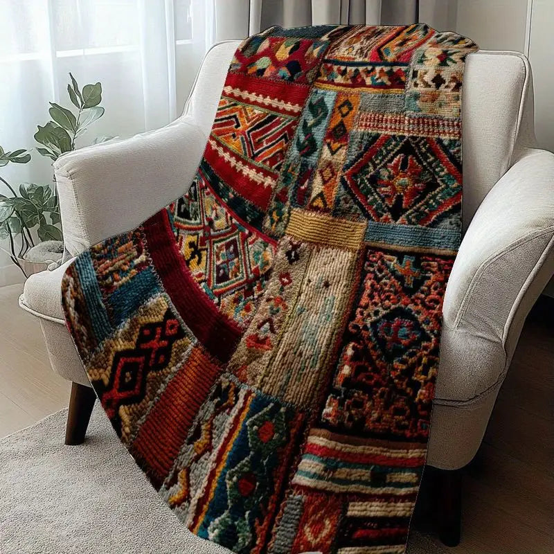 Persian Kilim Tribal Patchwork Flannel Throw Blanket – 5 Colors | FBA Vibes