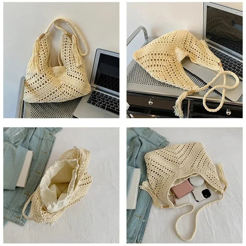 Summer Crochet Boho Shoulder Bag for Women – Knitted Hollow-Out Beach Vacation Tote