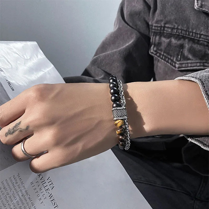 FBA Simple Black Natural Stone Beaded Chain Bracelet | Men's Travel Jewelry