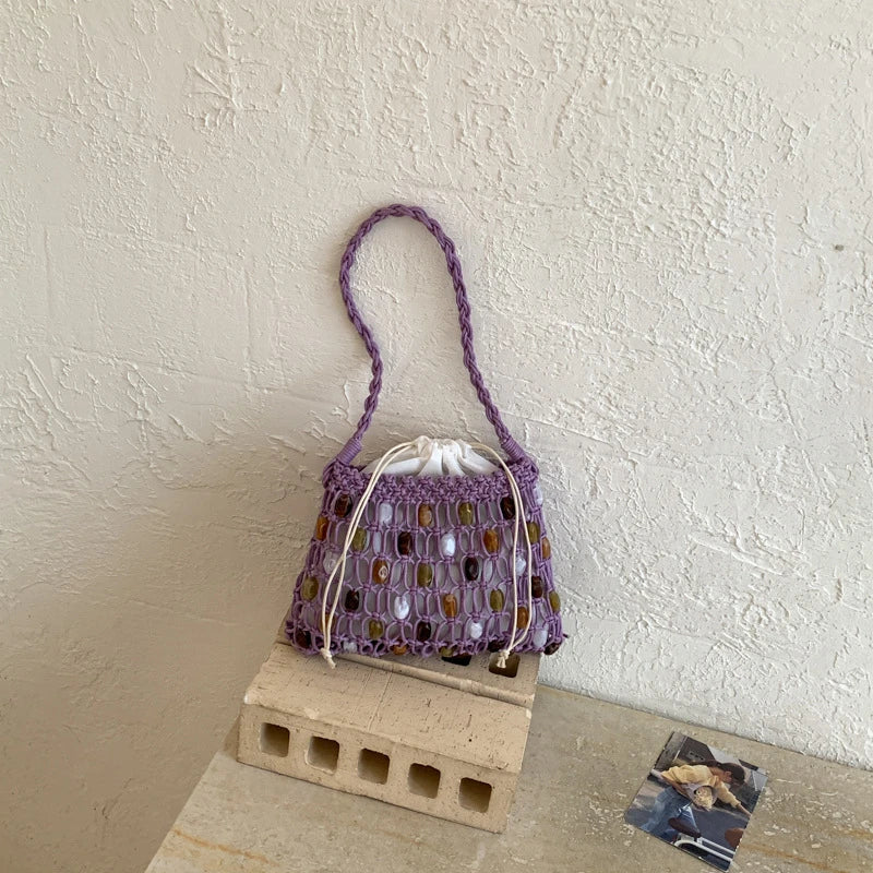 Handmade Woven Beaded Lattice Bag with Wooden Handle – Openwork Shoulder Tote
