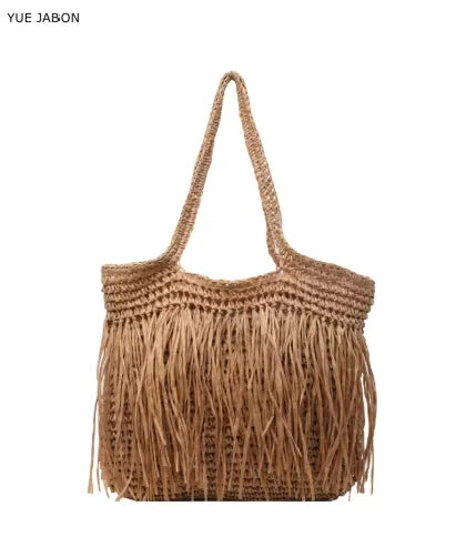 Women Tassel Straw Woven Tote Bag – Handmade Top-Handle Beach Shoulder Bag & Travel Purse