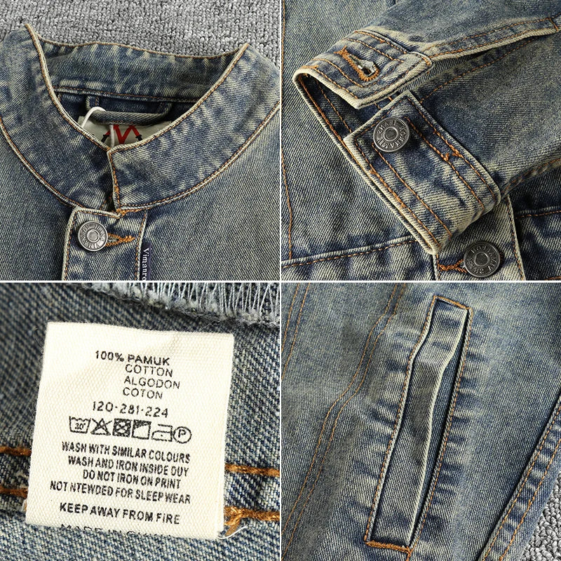 Men's American Retro Motorcycle Denim Jacket – Nostalgic Wash Stand Collar Short Coat | Denim Blue & Nostalgia Blue | L–XXXL | FBA Vibes