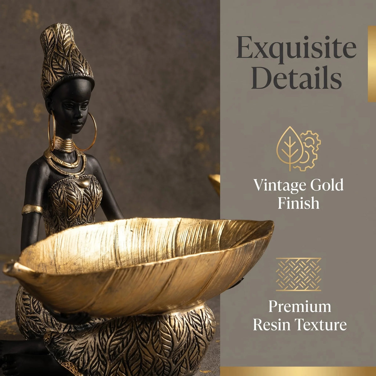 African Girl Holding a Plate Sculpture | Vintage Resin Storage Ornament for Home & Office Decor