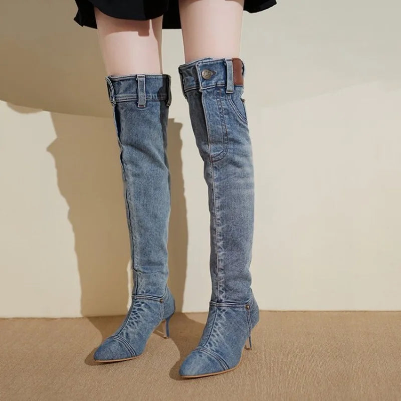 Women's Vintage Denim Slim Heel Pointed Toe Knee-High Boot | FBA Vibes