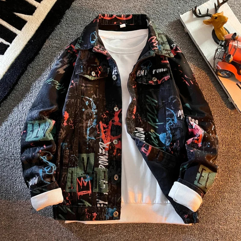 Men's Hip Hop Letter Graffiti Denim Jacket – Korean Slim Punk Unisex Jean Coat | Red & Black | S–XXXL | FBA Vibes